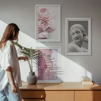Bijūnų abstrakti moters skulptūra 3 paveikslų rinkinys su rėmais