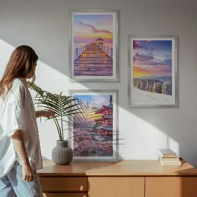 Romantiški dangaus peizažai 3 paveikslų rinkinys su rėmais