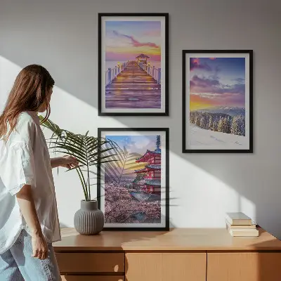 Romantiški dangaus peizažai 3 paveikslų rinkinys su rėmais