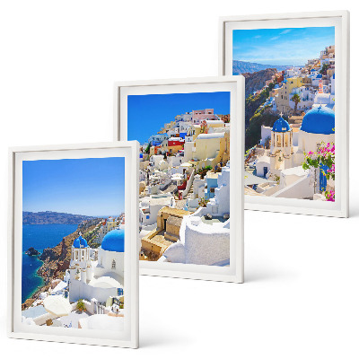 Įrėmintas triptikas Oia Santorini kraštovaizdžio architektūra