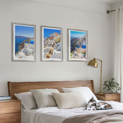 Įrėmintas triptikas Oia Santorini kraštovaizdžio architektūra