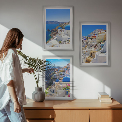 Įrėmintas triptikas Oia Santorini kraštovaizdžio architektūra
