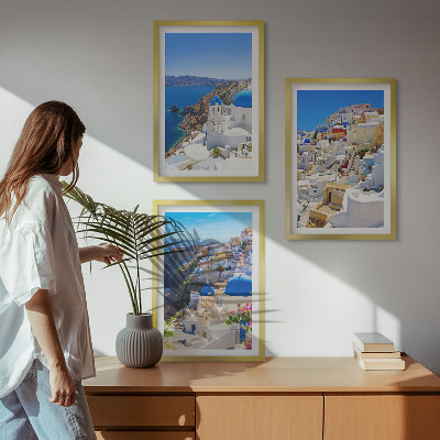 Įrėmintas triptikas Oia Santorini kraštovaizdžio architektūra