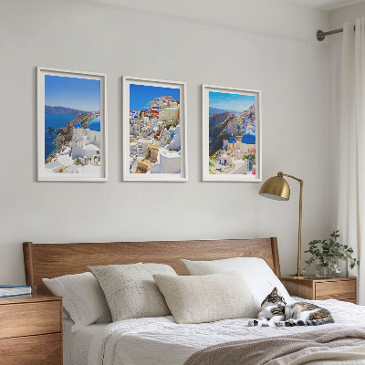 Įrėmintas triptikas Oia Santorini kraštovaizdžio architektūra