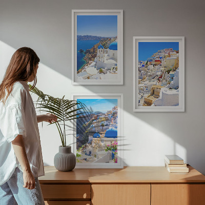 Įrėmintas triptikas Oia Santorini kraštovaizdžio architektūra