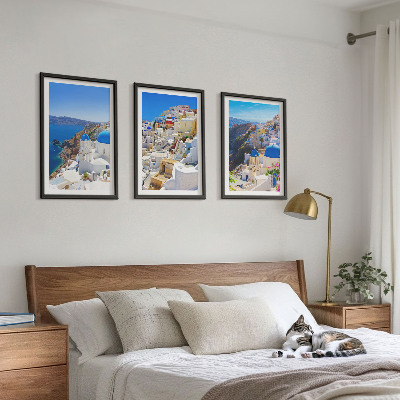 Įrėmintas triptikas Oia Santorini kraštovaizdžio architektūra