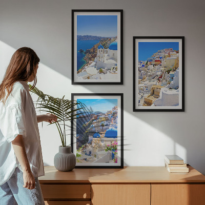 Įrėmintas triptikas Oia Santorini kraštovaizdžio architektūra