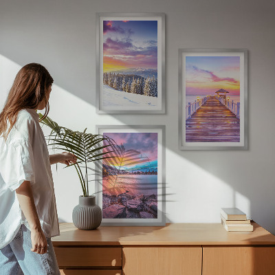 3 paveikslų rinkinys su rėmais Žiemos kalnų ežero peizažas