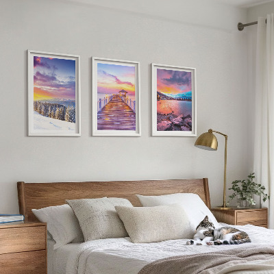 3 paveikslų rinkinys su rėmais Žiemos kalnų ežero peizažas