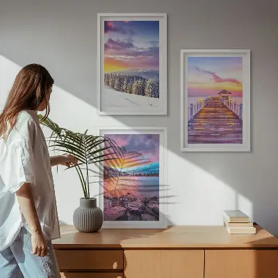 Žiemos kalnų ežero peizažas 3 paveikslų rinkinys su rėmais