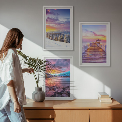 3 paveikslų rinkinys su rėmais Žiemos kalnų ežero peizažas