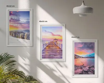 Žiemos kalnų ežero peizažas 3 paveikslų rinkinys su rėmais