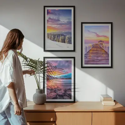 Žiemos kalnų ežero peizažas 3 paveikslų rinkinys su rėmais