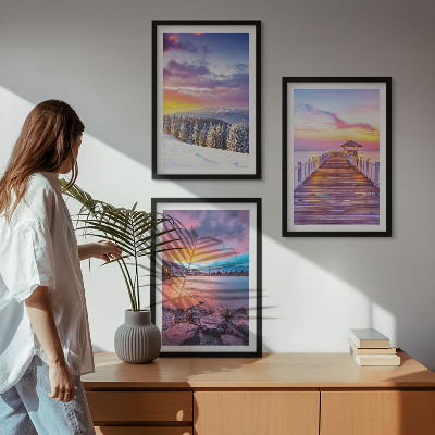 3 paveikslų rinkinys su rėmais Žiemos kalnų ežero peizažas