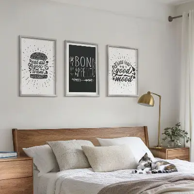 3 paveikslų rinkinys su rėmais grafiniai kulinariniai šūkiai apie maistą