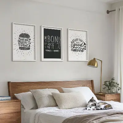 3 paveikslų rinkinys su rėmais grafiniai kulinariniai šūkiai apie maistą
