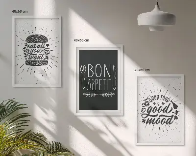 3 paveikslų rinkinys su rėmais grafiniai kulinariniai šūkiai apie maistą