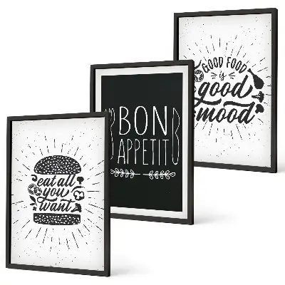 3 paveikslų rinkinys su rėmais grafiniai kulinariniai šūkiai apie maistą