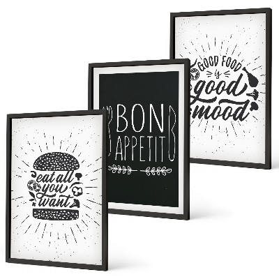 3 paveikslų rinkinys su rėmais Grafiniai maisto kulinariniai šūkiai