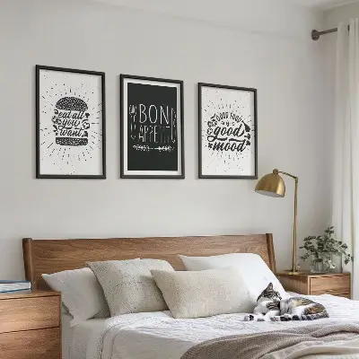 3 paveikslų rinkinys su rėmais grafiniai kulinariniai šūkiai apie maistą
