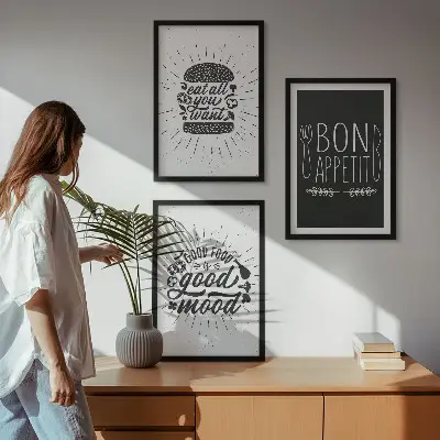 3 paveikslų rinkinys su rėmais grafiniai kulinariniai šūkiai apie maistą