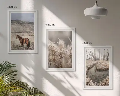 Įrėmintas triptikas arklių peizažas su žole ir upeliu