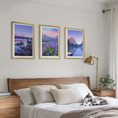 3 paveikslų rinkinys su rėmais Kalnų peizažai su vandeniu ir dangumi