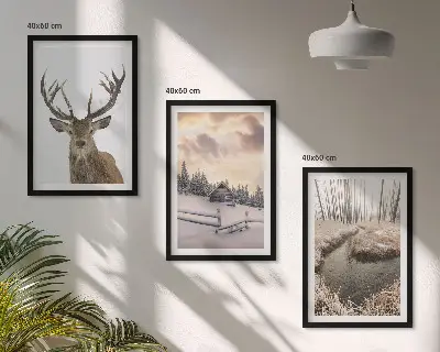 3 paveikslų rinkinys su rėmais žiemos peizažas su elniais prie trobelės