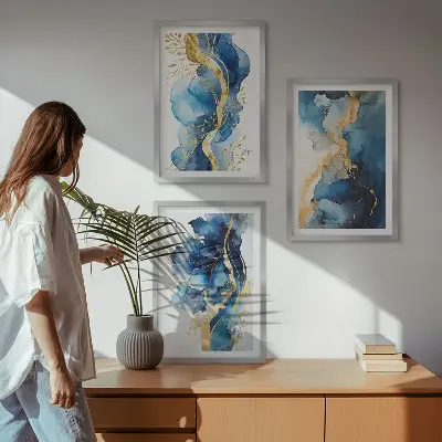 Mėlyni abstraktūs raštai 3 paveikslų rinkinys su rėmais
