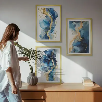 Mėlyni abstraktūs raštai 3 paveikslų rinkinys su rėmais