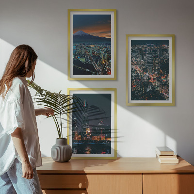 3 paveikslų rinkinys su rėmais Miesto vaizdas naktį nuo kalno