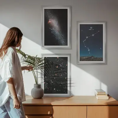 3 paveikslų rinkinys su rėmais galaktikos erdvės vandenio motyvais