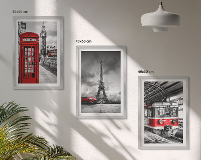 3 paveikslų rinkinys su rėmais Londono ir Paryžiaus transporto piktogramos