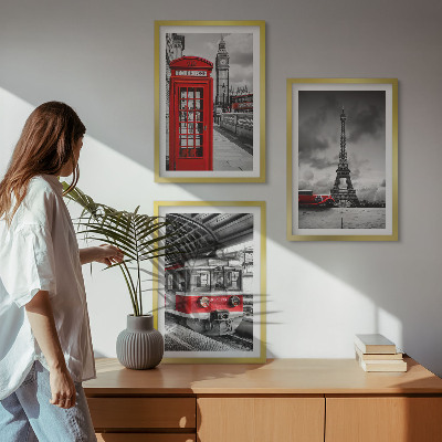 3 paveikslų rinkinys su rėmais Londono ir Paryžiaus transporto piktogramos