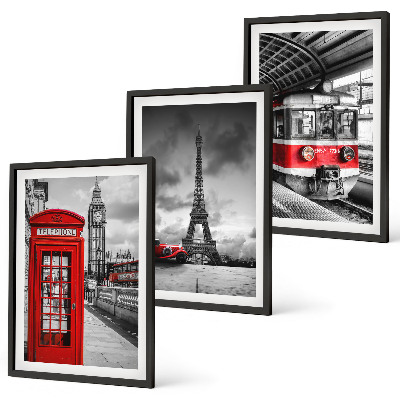 3 paveikslų rinkinys su rėmais Londono ir Paryžiaus transporto piktogramos