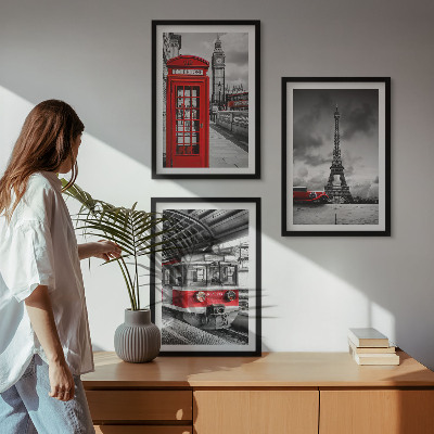 3 paveikslų rinkinys su rėmais Londono ir Paryžiaus transporto piktogramos