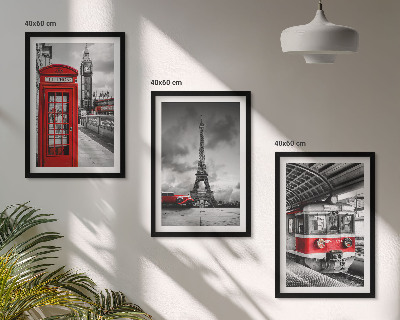 3 paveikslų rinkinys su rėmais Londono ir Paryžiaus transporto piktogramos