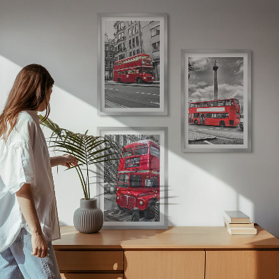 3 paveikslų rinkinys su rėmais Raudonieji autobusai Londone