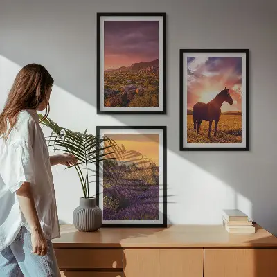 Kalnų peizažas su arkliu 3 paveikslų rinkinys su rėmais