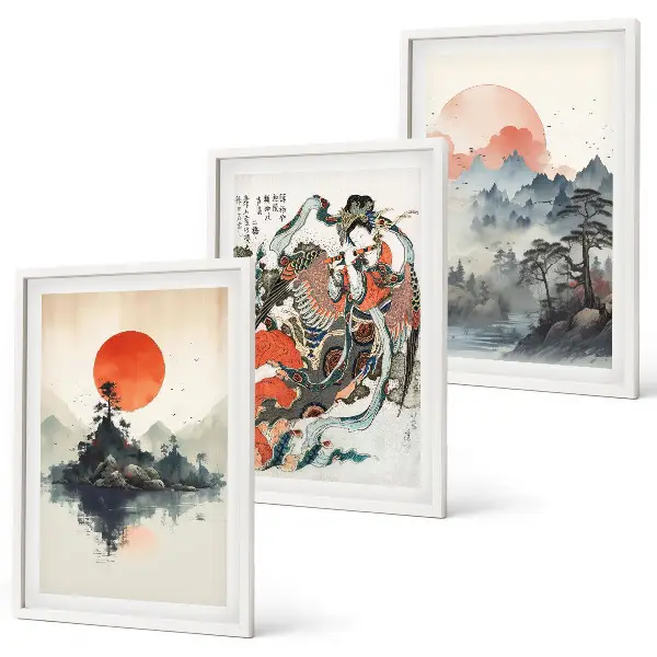 Azijos japandi stiliaus paveikslai 3 dalių rinkinys su rėmais