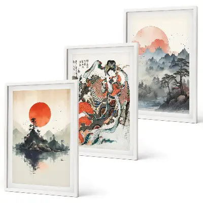 Azijos japandi stiliaus paveikslai 3 dalių rinkinys su rėmais