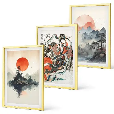 Azijos japandi stiliaus paveikslai 3 dalių rinkinys su rėmais