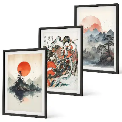 Azijos japandi stiliaus paveikslai 3 dalių rinkinys su rėmais