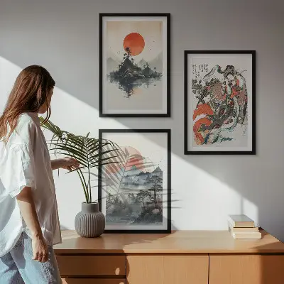 Azijos japandi stiliaus paveikslai 3 dalių rinkinys su rėmais