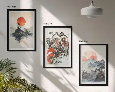 Azijos japandi stiliaus paveikslai 3 dalių rinkinys su rėmais
