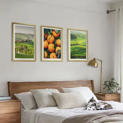 3 paveikslų rinkinys su rėmais italijos kaimo peizažas su apelsinais