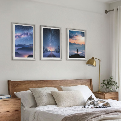 3 paveikslų rinkinys su rėmais Naktinis dangus kalnuose rūkas elniai
