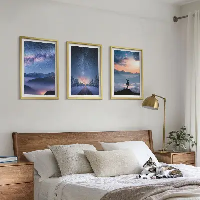 3 paveikslų rinkinys su rėmais naktinis dangus, kalnai, rūkas ir elniai