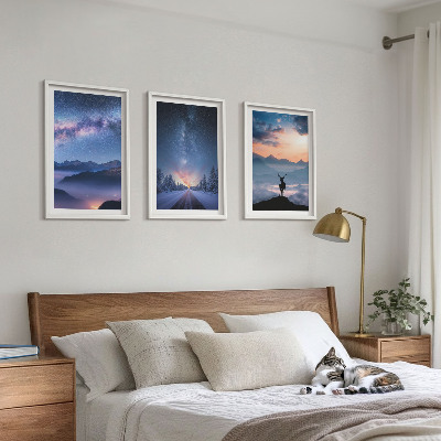 3 paveikslų rinkinys su rėmais Naktinis dangus kalnuose rūkas elniai