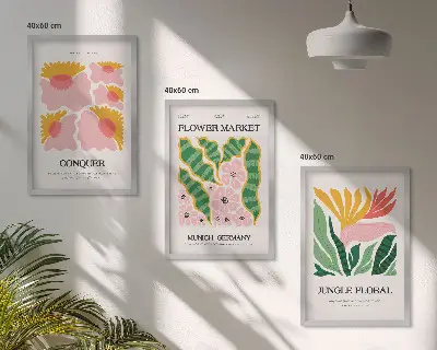 Modernus gėlių lapų triptikas įrėmintų plakatų rinkinys